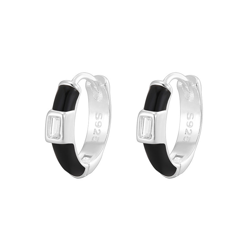 Geometric Design Black and White Epoxy 925 Sterling Silver Minimalist Hoop Earrings