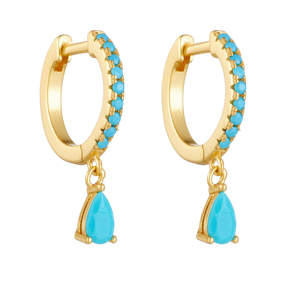 Women Fashion Style Party Anniversary Gift Elegant Turquoise Water Drop 925 Sterling Silver Hoop Earrings