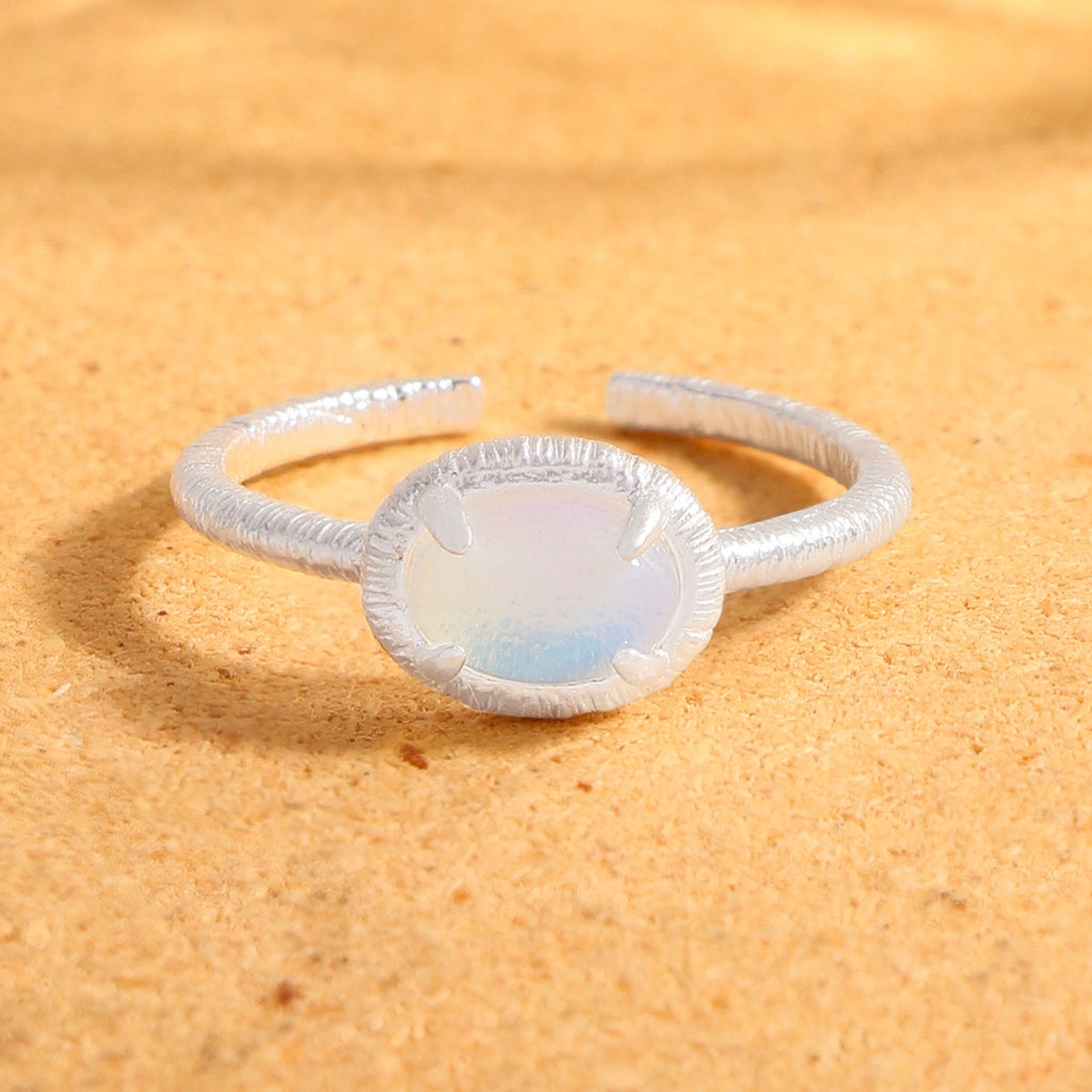 Causal Simple Oval Natural Opal 925 Sterling Silver Adjustable Ring