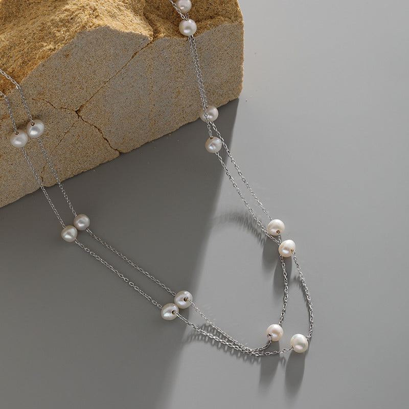 Double Layer Freshwater Pearl S925 Sterling Silver Geometric Chain Necklace