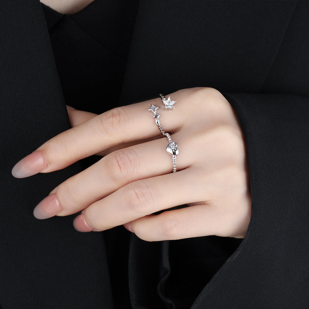Heart Sunburst Cubic Zirconia 925 Sterling Silver Women Minimalist Beaded Band Open Ring