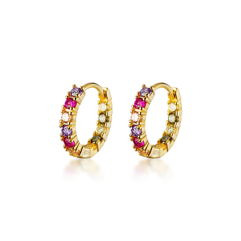 Multicolor Pink Purple Clear Cubic Zirconia S925 Sterling Silver Delicate Short Huggie Earrings