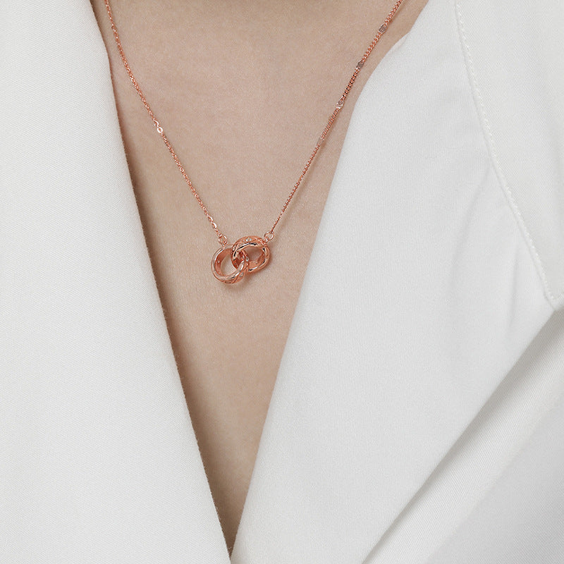 Geometric Double Interlocking Ring Cubic Zirconia S925 Sterling Silver Necklace