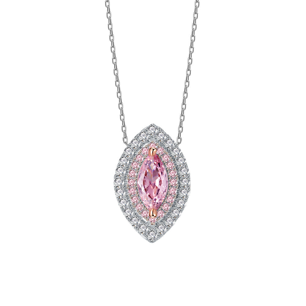 Eye Shape Pink Cubic Zirconia Halo Necklace In 925 Sterling Silver Marquise Center Stone Layered Pavé Pendant Necklace
