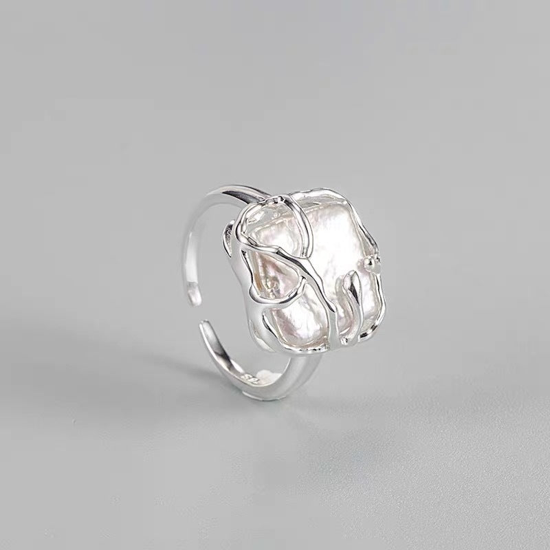 Modern Irregular Square Natural Baroque Pearls Tree Branch 925 Sterling Silver Adjustable Ring