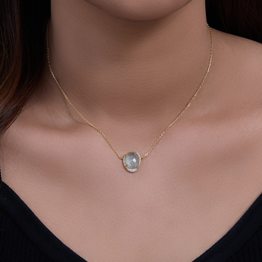 Gift Light Blue Oval Natural Aquamarine CZ 925 Sterling Silver Necklace