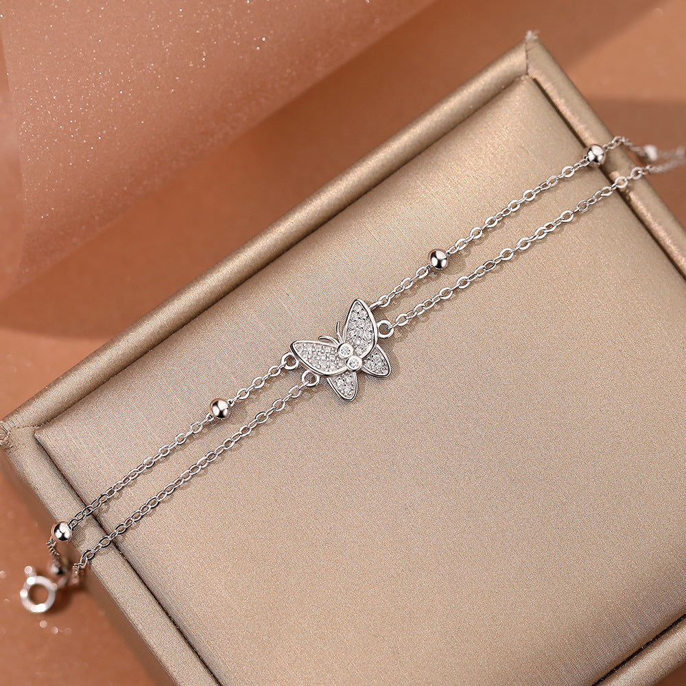 Women Double Layers Micro Setting CZ Butterful 925 Sterling Silver Bracelet