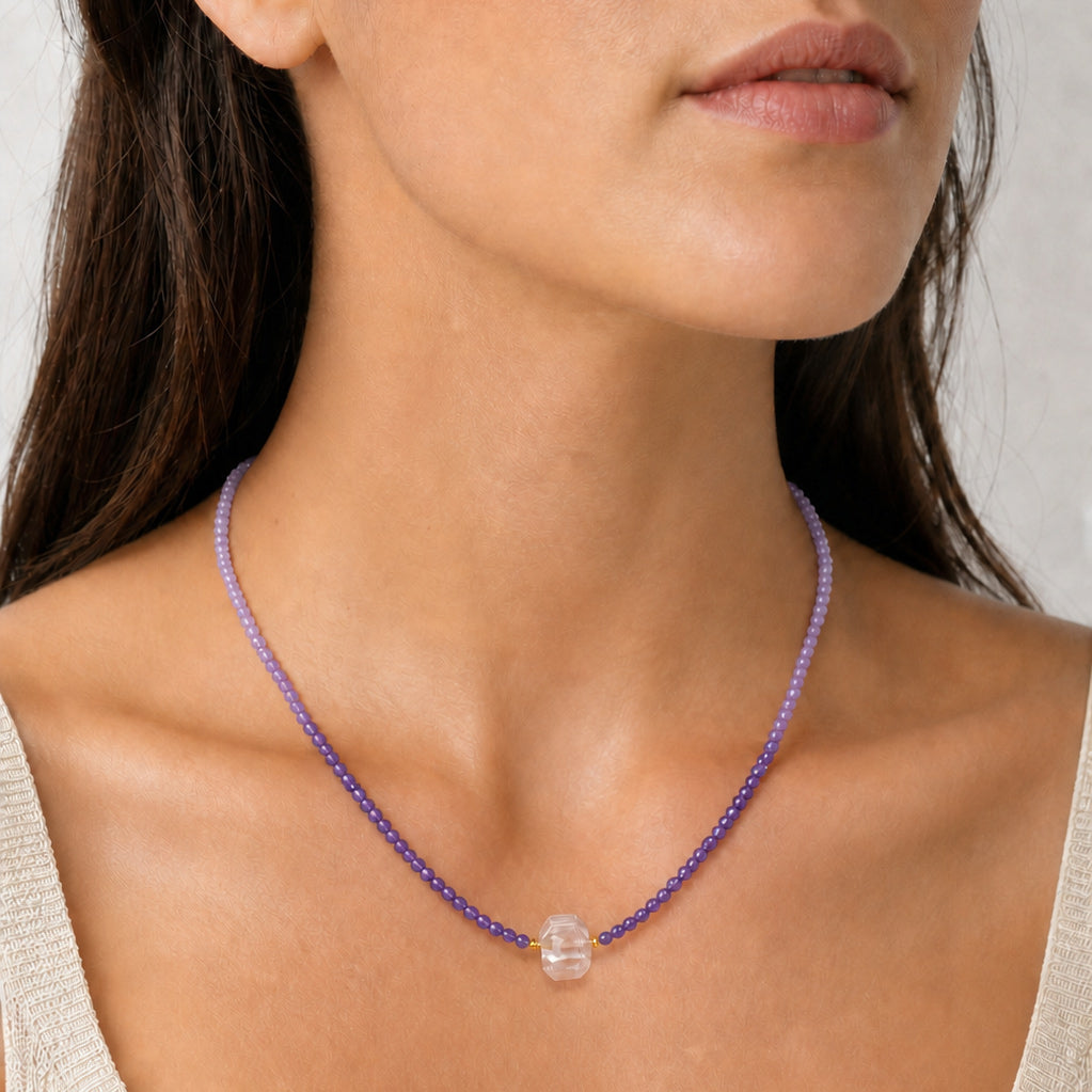 Elegant Gradient Purple Amethyst Faceted Clear Quartz Beaded Adjustable 925 Sterling Silver Necklace