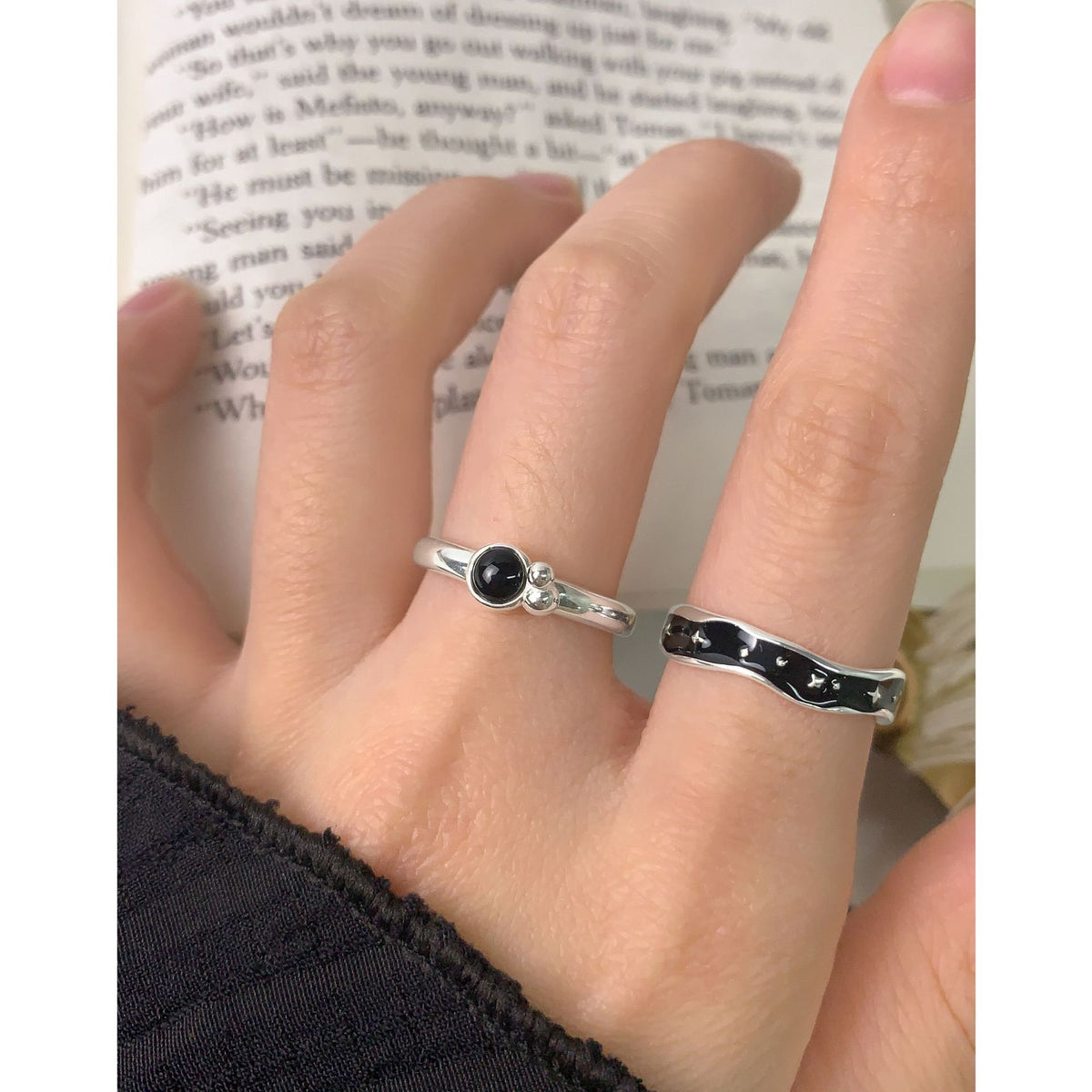 Geometric Design S925 Sterling Silver Starry Night Black Enamel Open Adjustable Ring