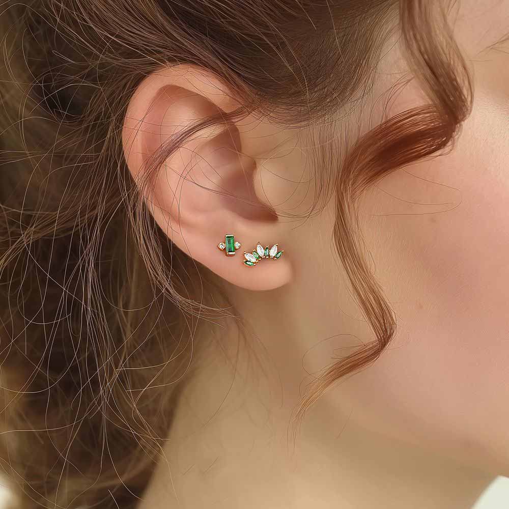 Elegant Geometry Green CZ Crown Waterdrop 925 Sterling Silver Stud Earrings
