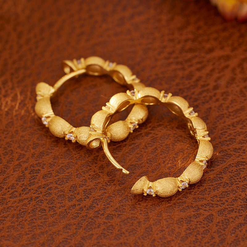 Geometric Hoop Cubic Zirconia Brushed Oval Bead 18K Gold Plated 925 Sterling Silver Earrings