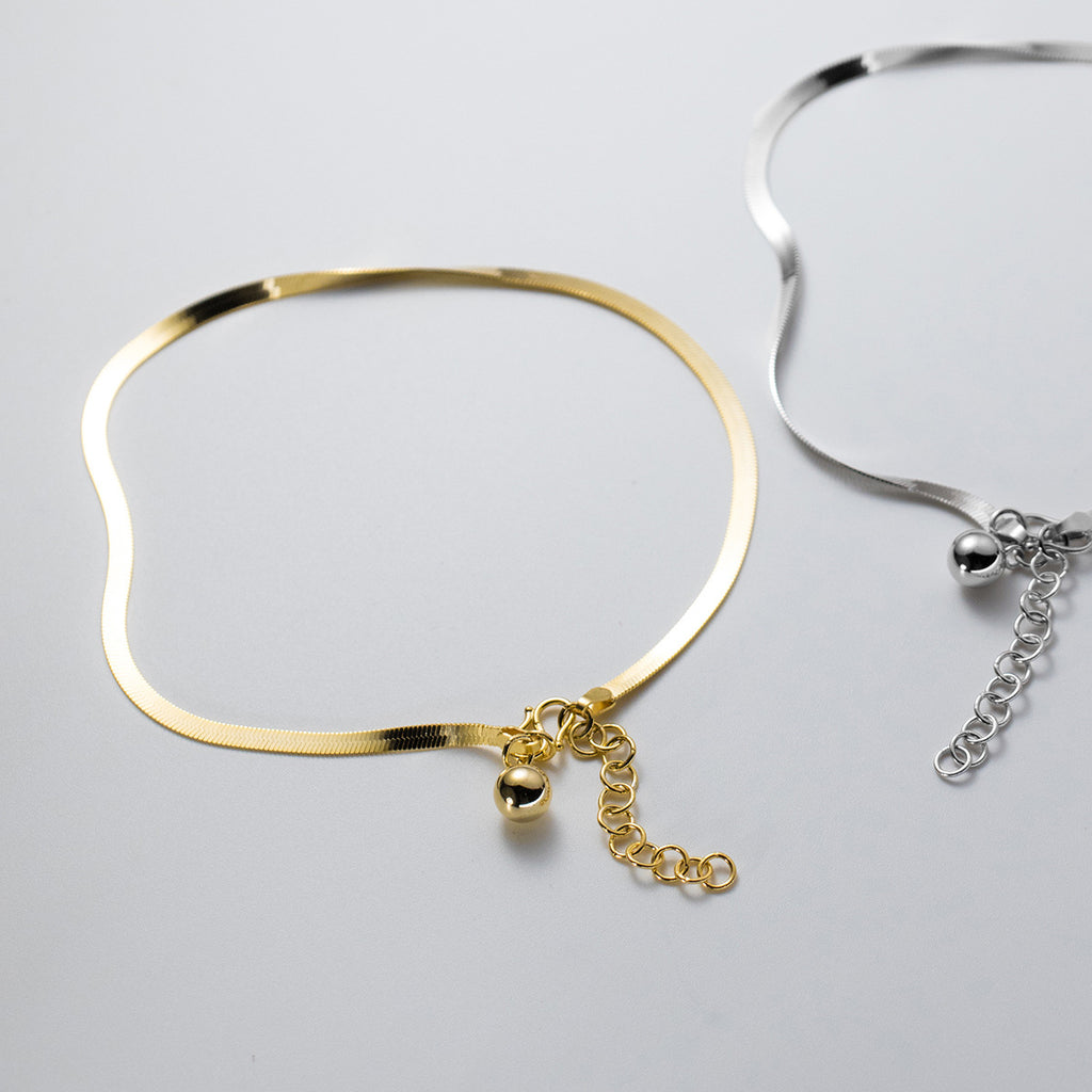 Minimalist Flat Snake Chain Round Bead Dangle S925 Sterling Silver Anklet