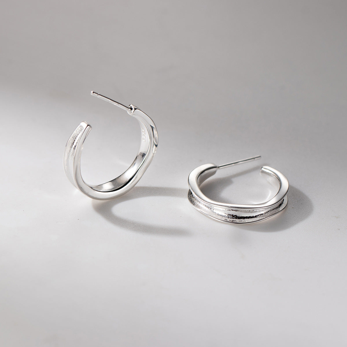 Silver Concave Geometric C S925 Sterling Silver Shape Hoop Earrings