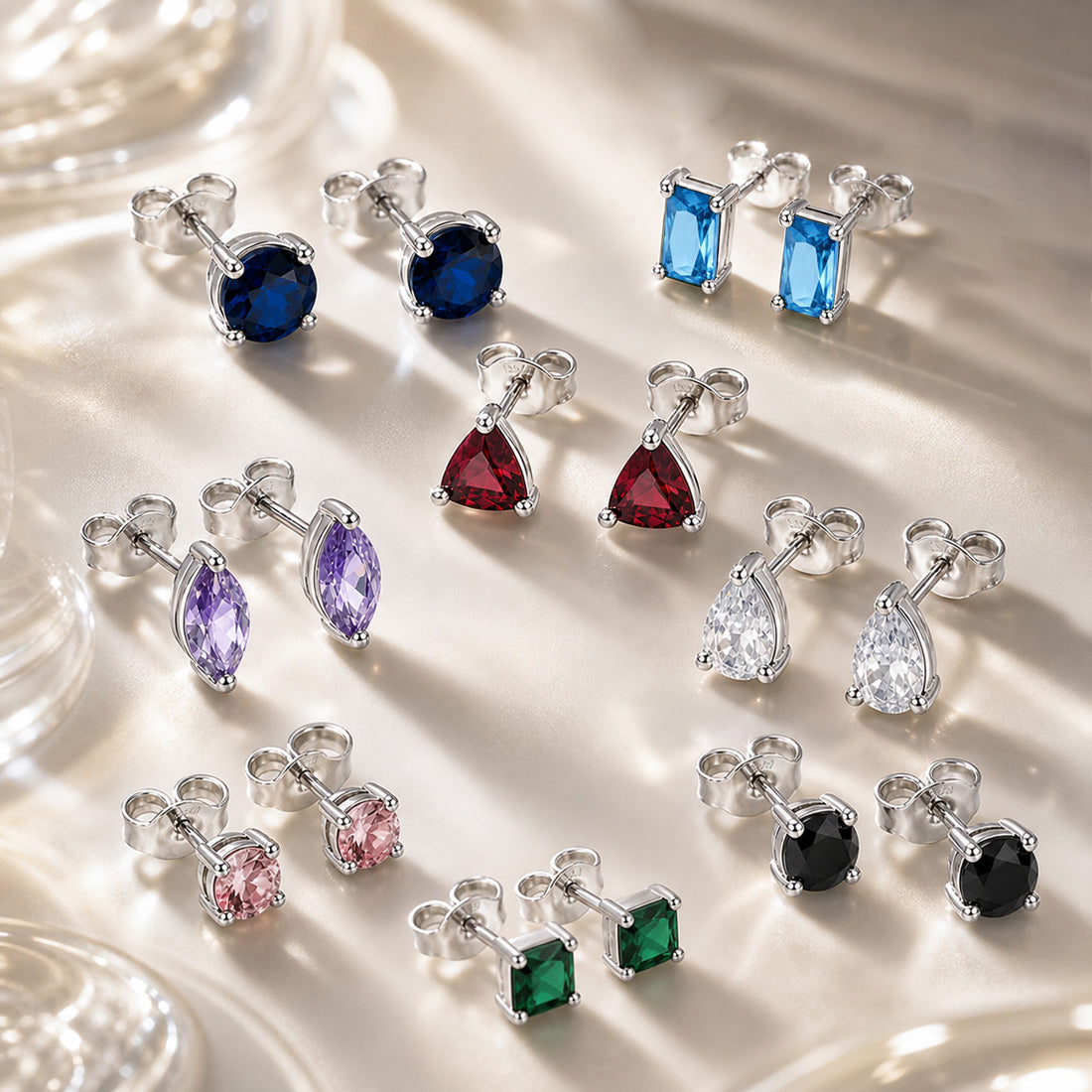 925 Sterling Silver Personalized Birthstone Earrings - Custom Women Dainty Multi Shape CZ Stud Earring