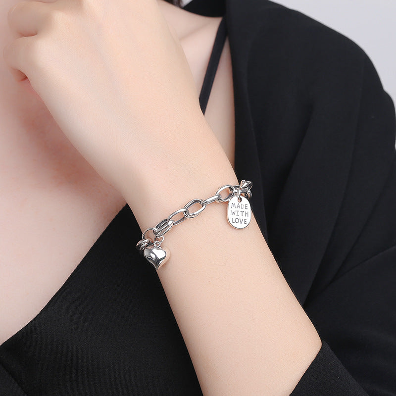 Heart Charm Link Chain Solid 925 Sterling Silver Vintage Bracelet