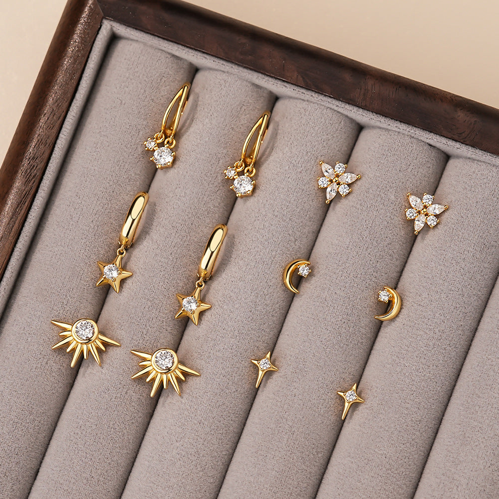 Simple White CZ Crescent Moon Star Sunshine 925 Sterling Silver Stud Fangling Earrings