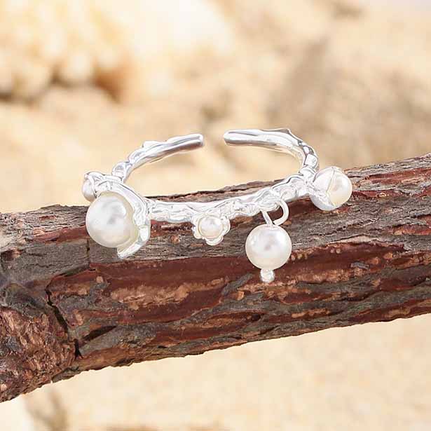 Women Beautiful Shell Pearl Flowers 925 Sterling Silver Adjustable Ring