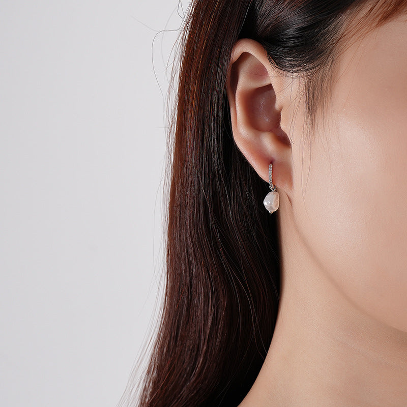 Women Elegant Fine Jewelry Geometric Design Cubic Zirconia 925 Sterling Silver Baroque Dangle Hoop Pearl Earrings