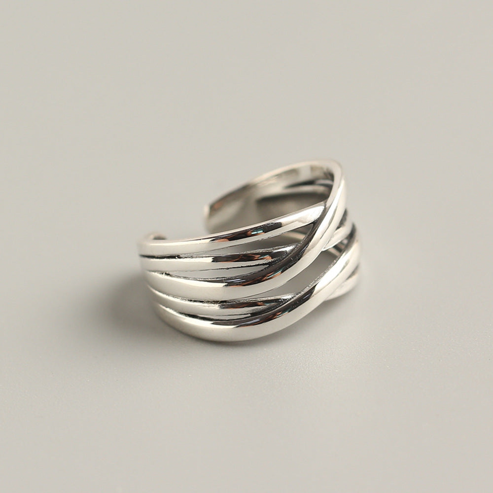 Women Modern Minimalist Fashion Jewelry Multi Layer Crisscross Wrapped LineSolid 925 Sterling Silver Adjustable Open Band Ring
