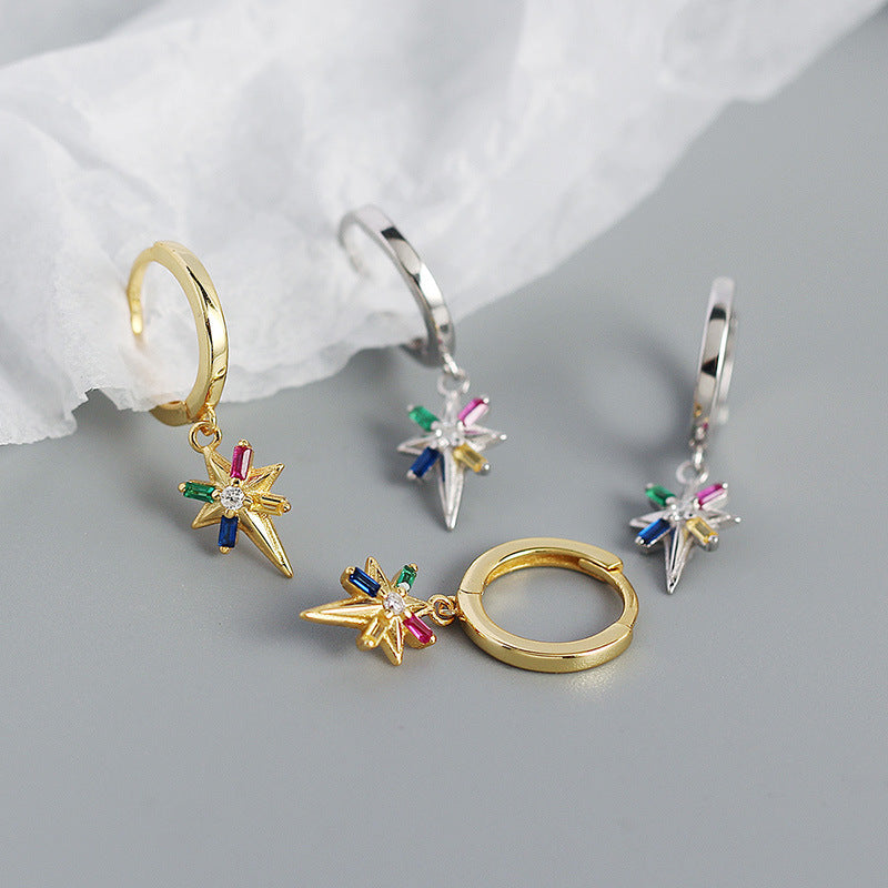 Colorful CZ Octagonal Star Simple 925 Sterling Silver Hoop Earrings