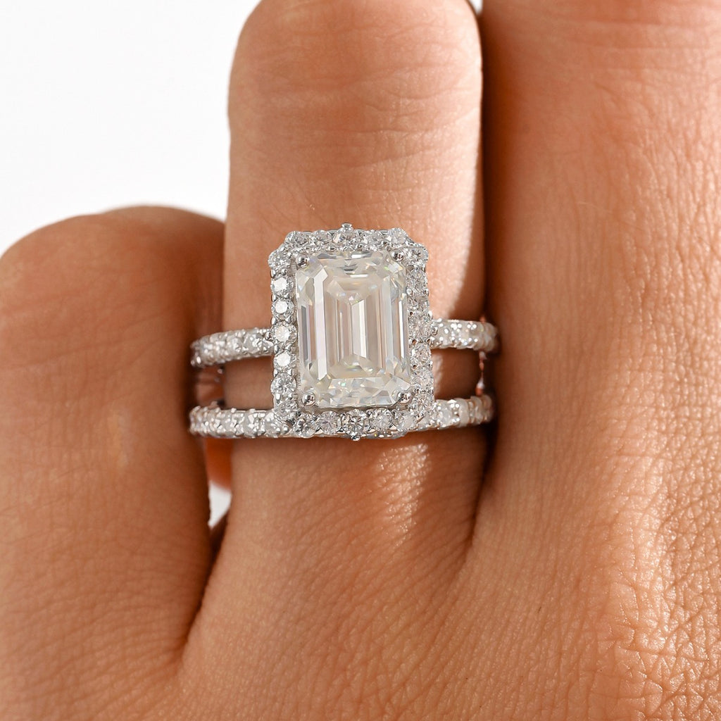 White Moissanite Halo Split Shank Ring S925 Sterling Silver  Ring