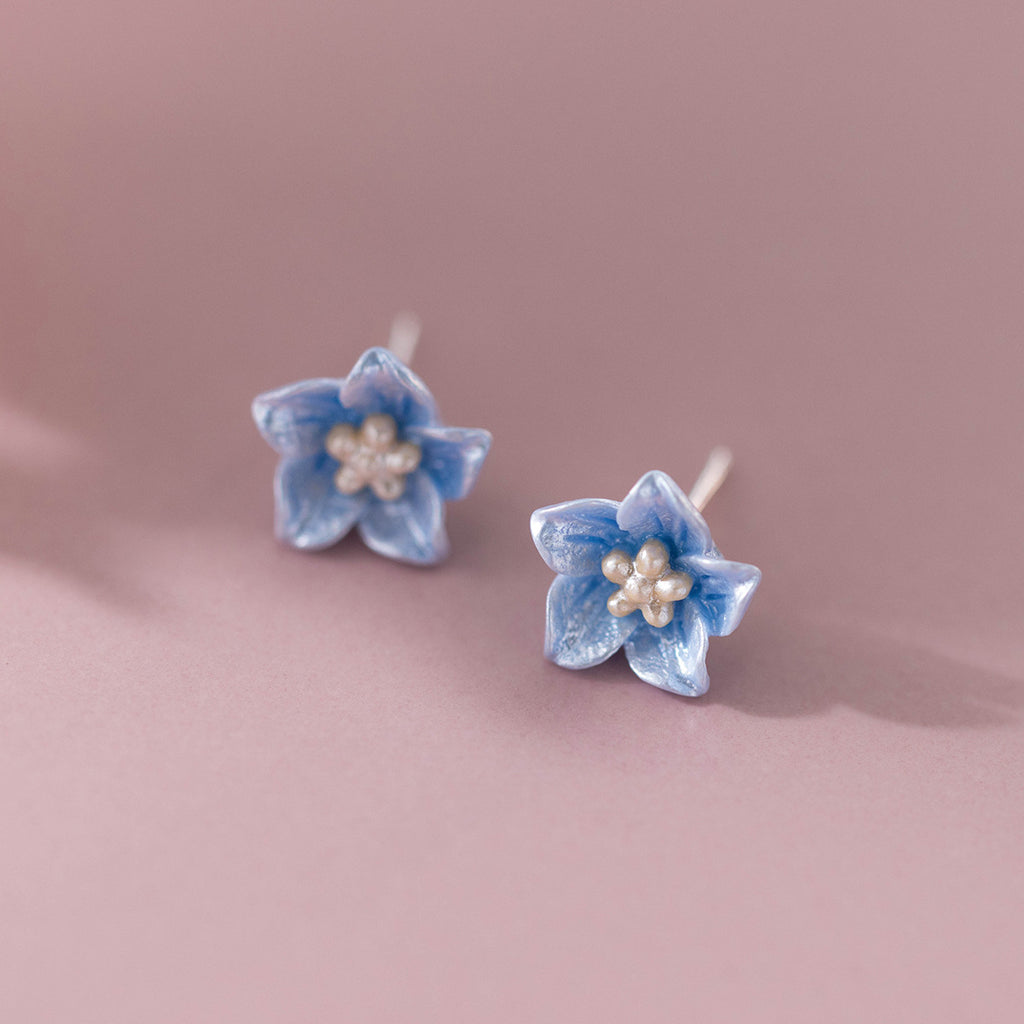 Blue Flower  S925 Sterling Silver Delicate Blossom Ear Stud Earrings