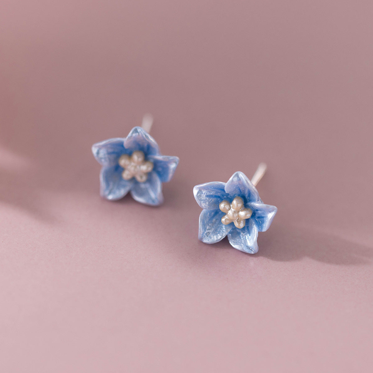 Blue Flower  S925 Sterling Silver Delicate Blossom Ear Stud Earrings