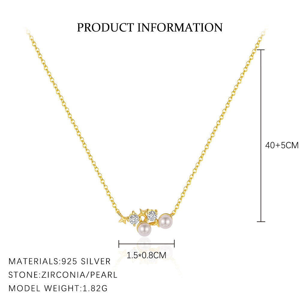 Women Elegant Natural Pearls CZ Star 925 Sterling Silver Necklace