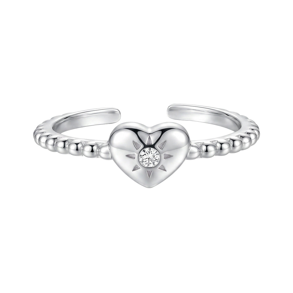 Heart Sunburst Cubic Zirconia 925 Sterling Silver Women Minimalist Beaded Band Open Ring
