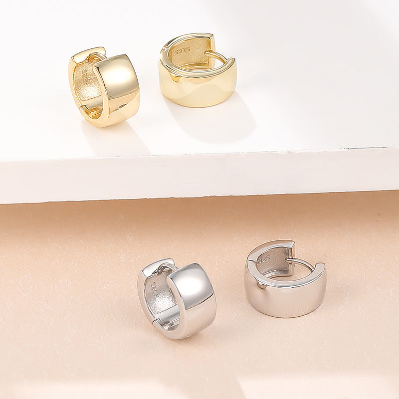 Geometric Round Minimalist Wide Band 925 Sterling Silver Huggie Hoop Earrings