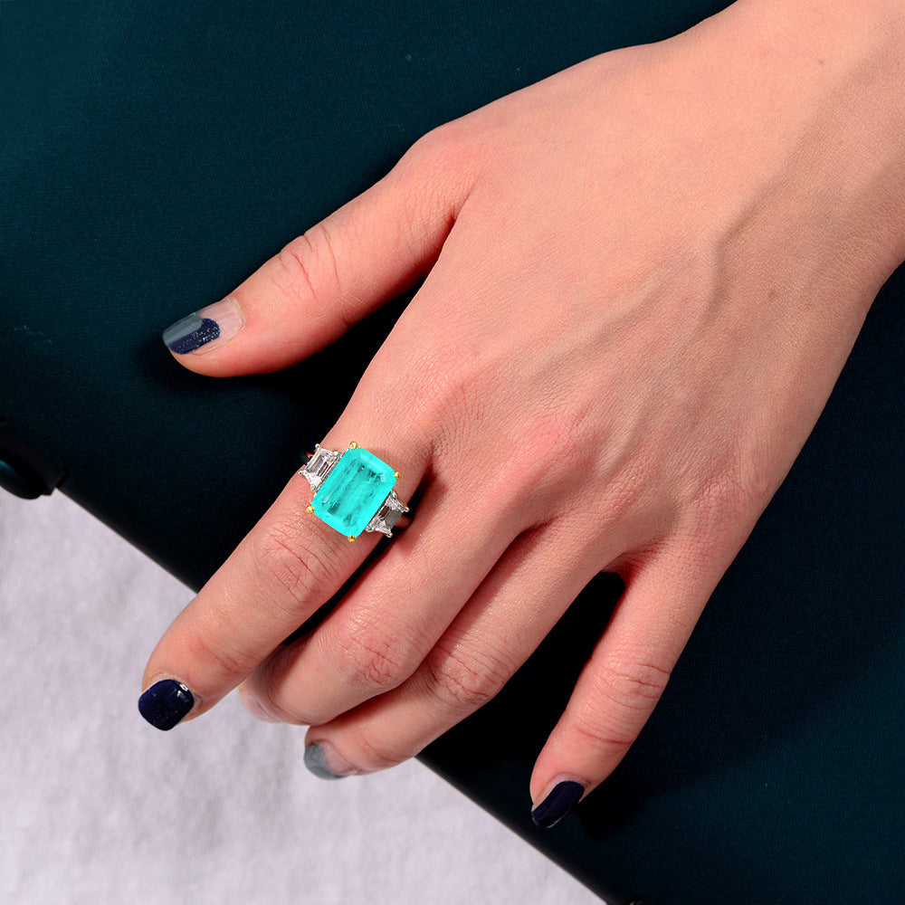 Rectangular Paraíba blue synthetic sapphire 925 sterling silver three stone Ring