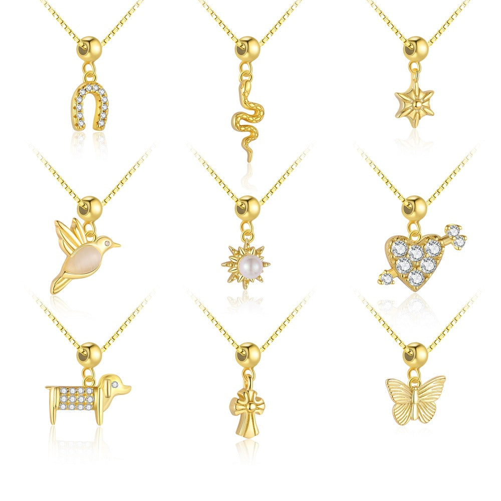 Fashion Gold CZ Heart Dog Bird Snake Star Cross 925 Sterling Silver DIY Pendant