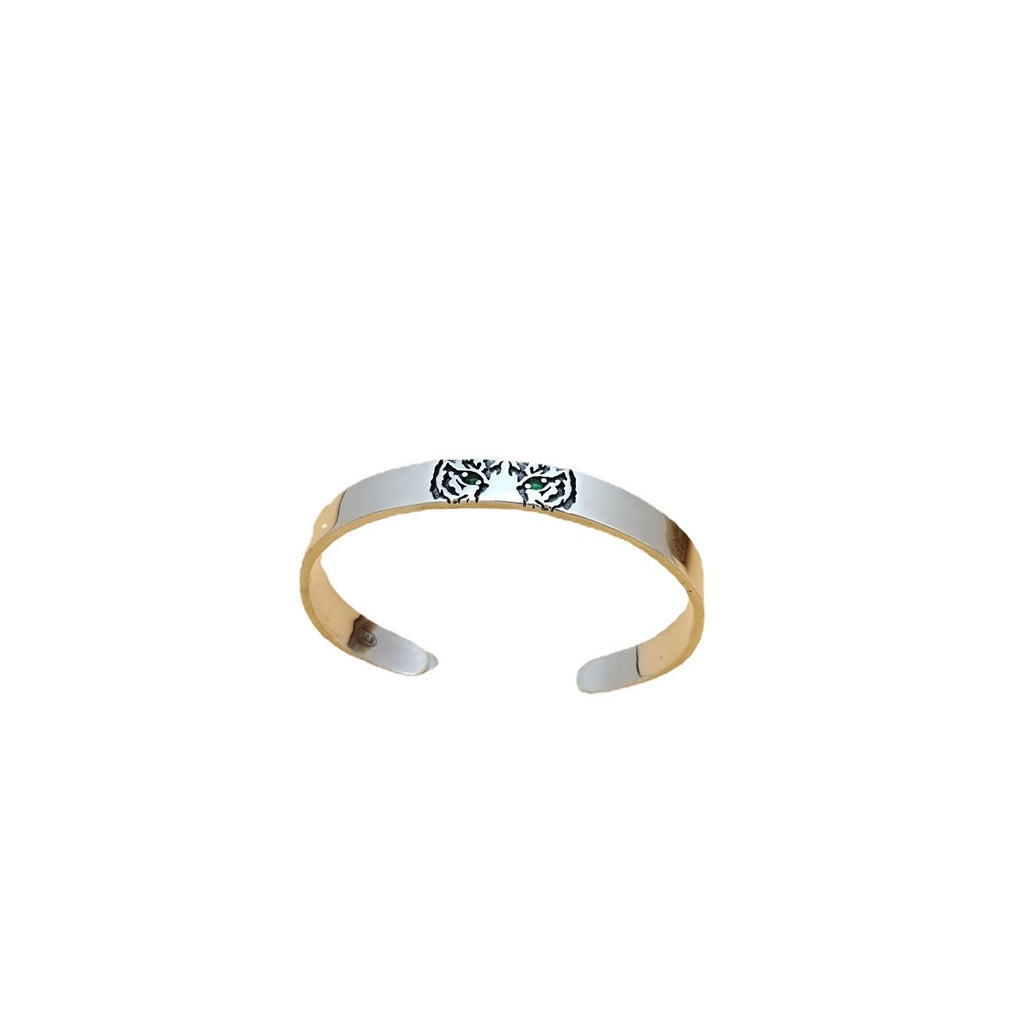 Men's Green Eye Tiger Animal 925 Sterling Silver Open Bangle