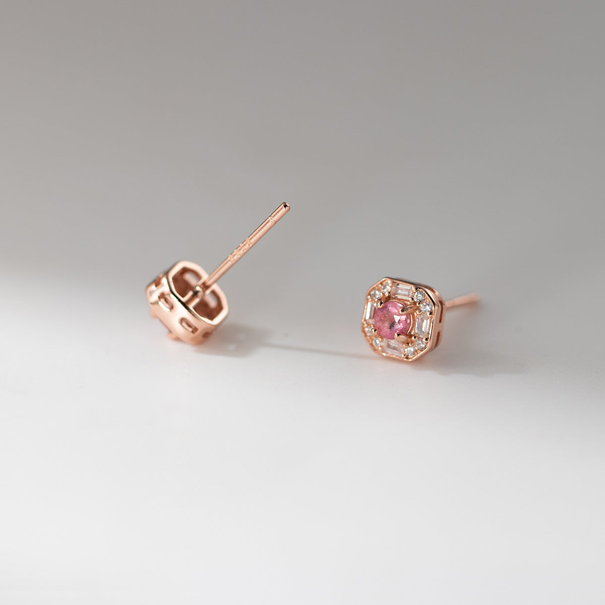 Delicate Square Halo Pink Center Stone Rose Gold Tone 925 Sterling Silver Mini Delicate Ear Stud Earrings