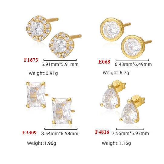 Office Simple CZ Geometry Round Rectangle Waterdrop 925 Sterling Silver Stud Earrings