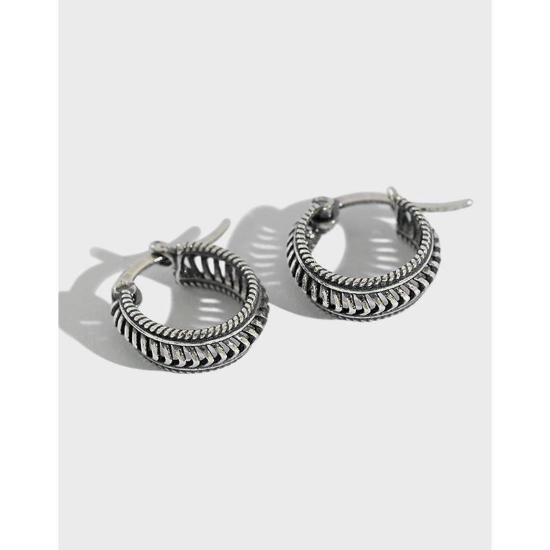 Vintage Twisted Rope Braided Antique Silver S925 Sterling Silver Huggie Hoop Earrings