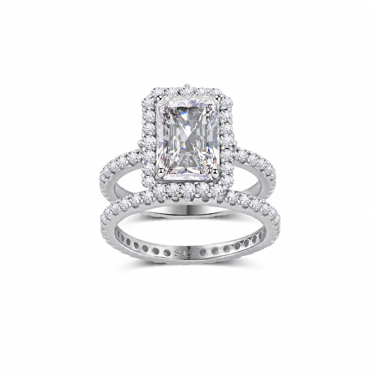 White Moissanite Halo Split Shank Ring S925 Sterling Silver  Ring