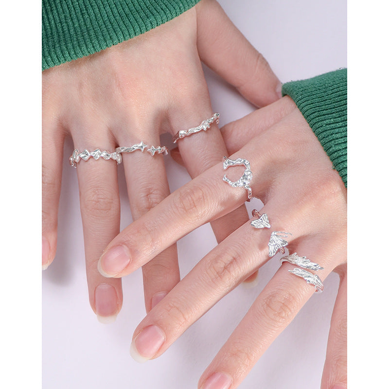Twinkling Star Pattern S925 Sterling Silver Adjustable Ring Elegant Ins Style Open Ring