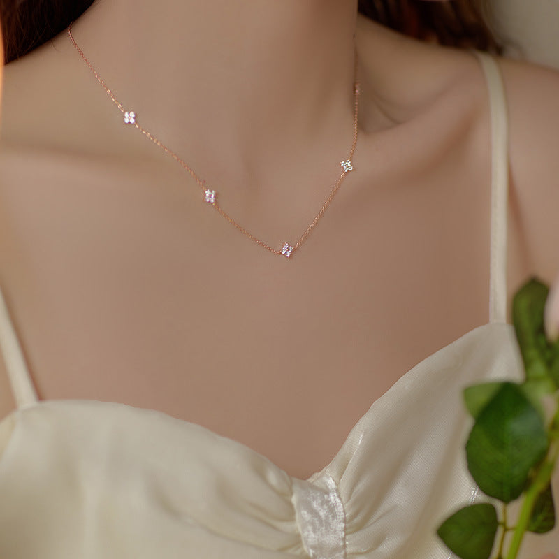 Butterfly Clover Cubic Zirconia S925 Sterling Silver Station Necklace