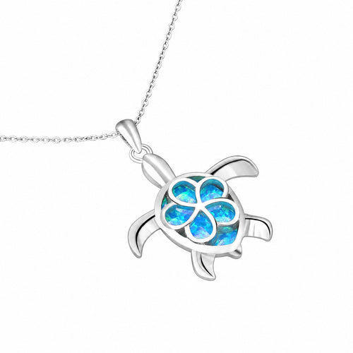 Blue-Green Opal Sea Turtle Pendant Necklace  925 Sterling Silver Animal Necklace