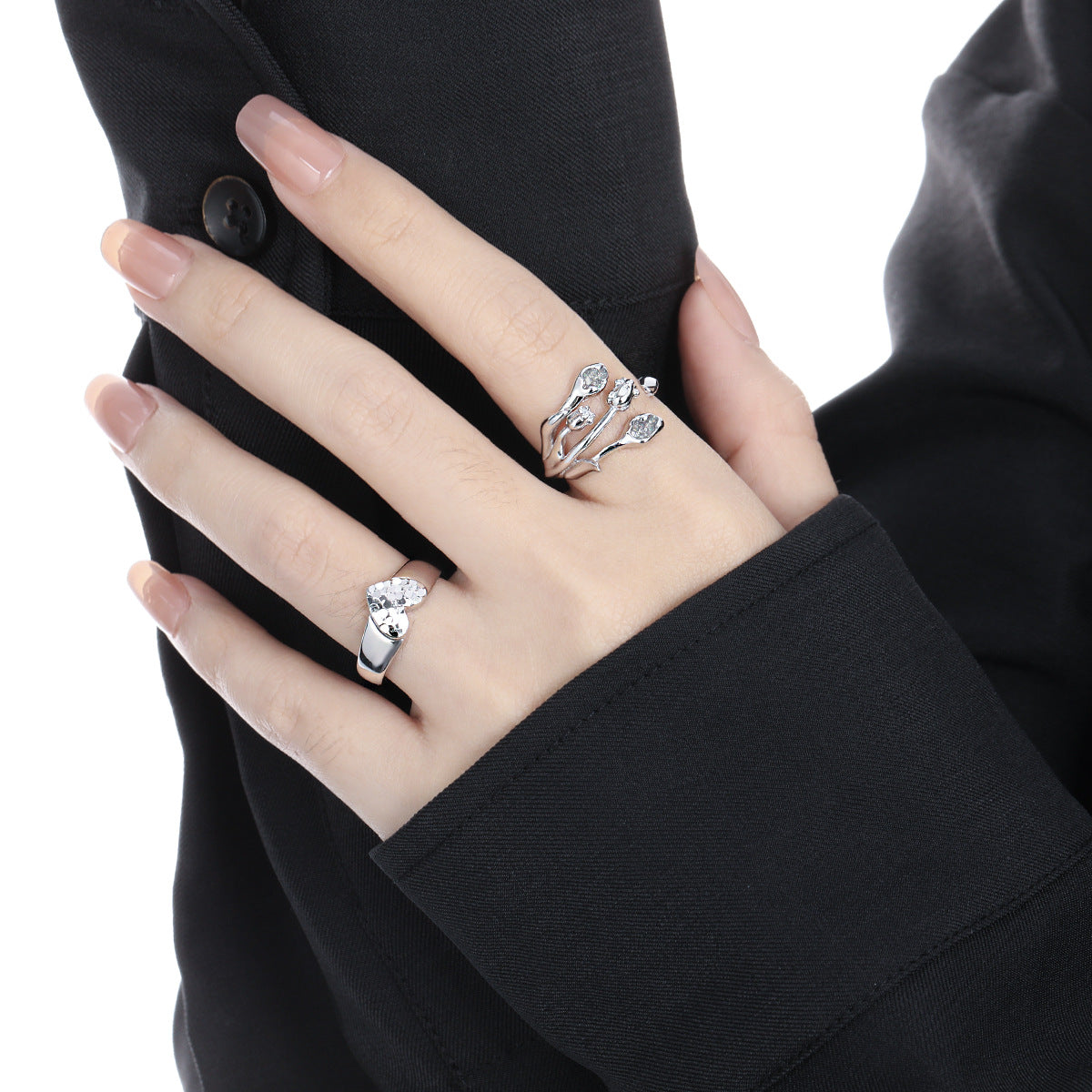 Beautiful CZ Tulip Flowers Bouquet 925 Sterling Silver Adjustable Ring