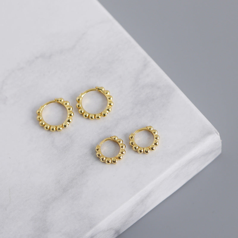 Beaded Round Ball 925 Sterling Silver Hoop Earrings