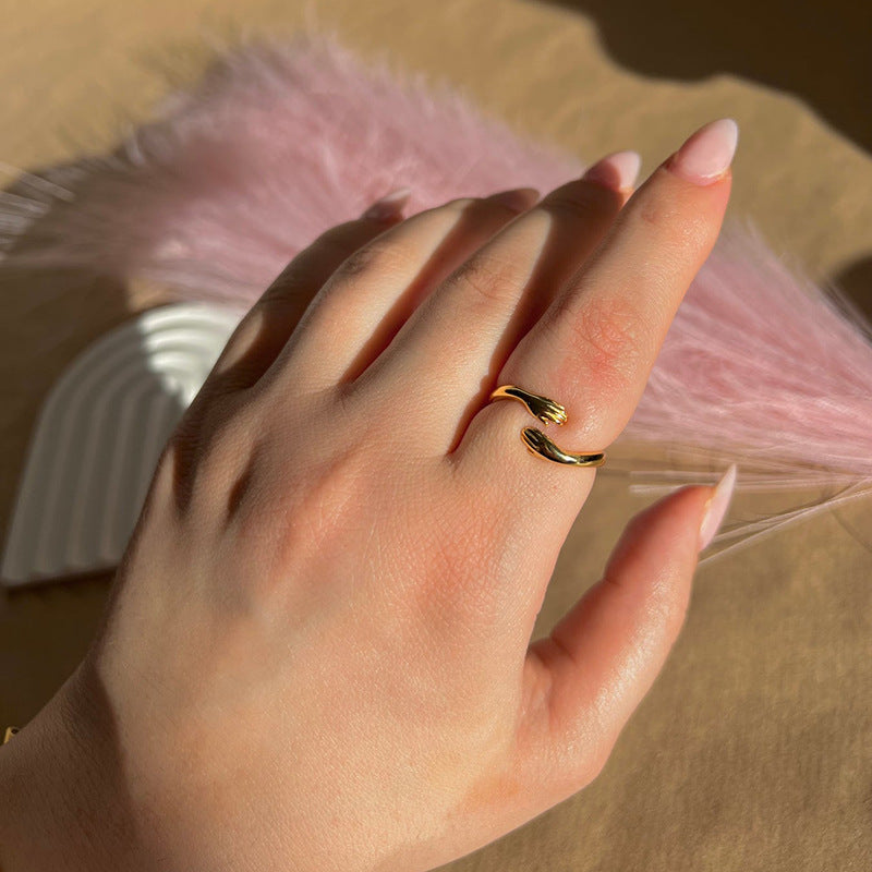 Hugging Hands Adjustable Open Ring 925 Sterling Silver Electroplated Fashion Couple Ring