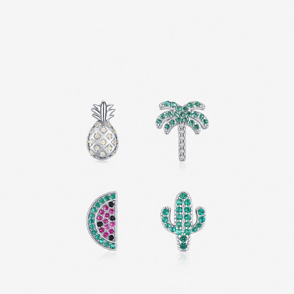 Cubic Zirconia Tropical Pattern 925 Sterling Silver Style Pomegranate-Shaped Palm Tree Pineapple Leaf Pattern Earring ( Single )