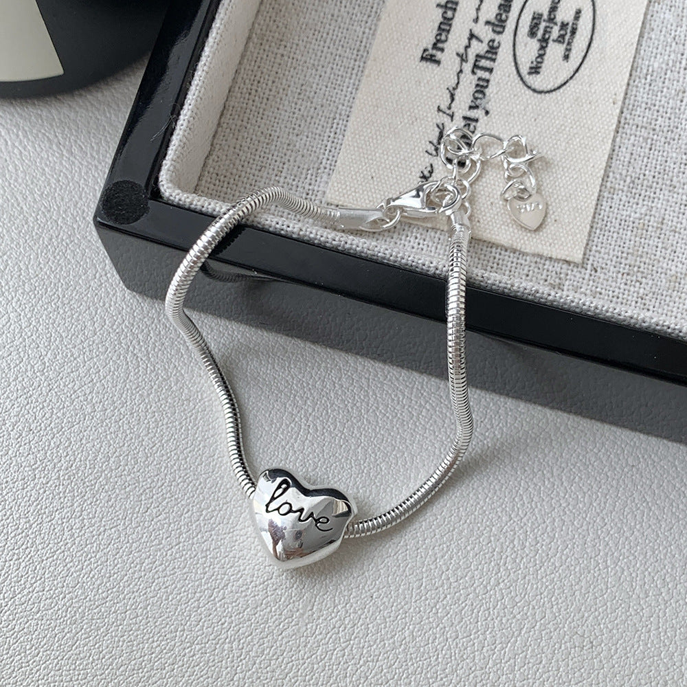 Silver S925 Sterling Silver Minimalist Heart Letter Love Bead Snake Chain Bracelet