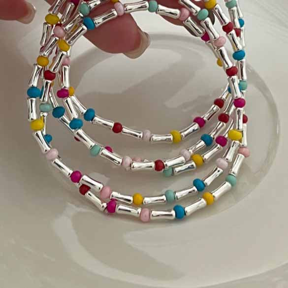 Colorful Natural Opal Bamboo Joint 925 Sterling Silver Bracelet