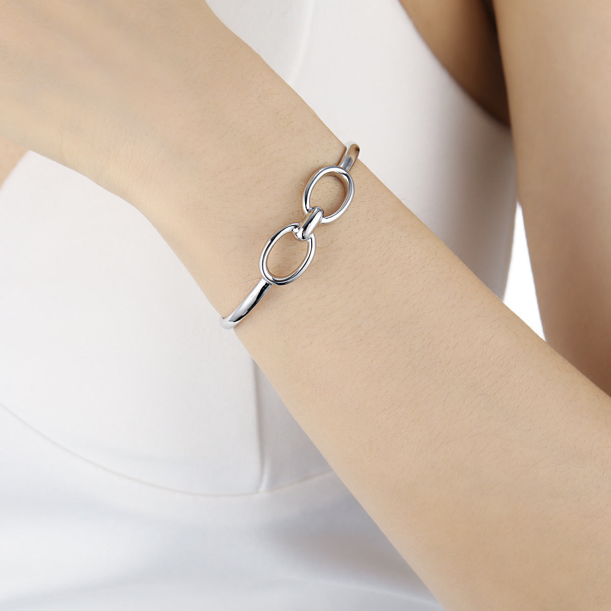 Modern Minimalist Geometric Style Silver Double Circle Hollow Design 925 Sterling Silver Open Bangle Bracelet