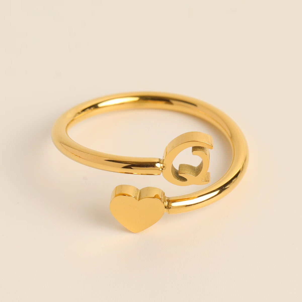 initial simple letter ring, three-dimensional heart-shaped tail ring, adjustable openin