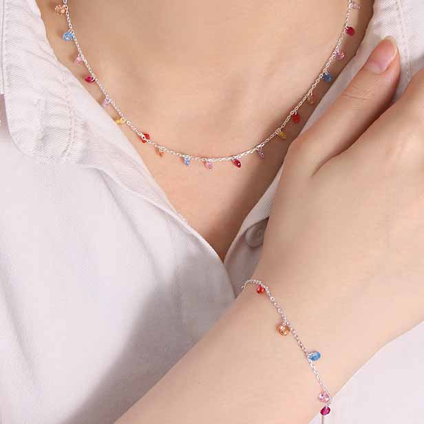 Girl Colorful Round Cubic Zirconia 925 Sterling Silver Bracelet