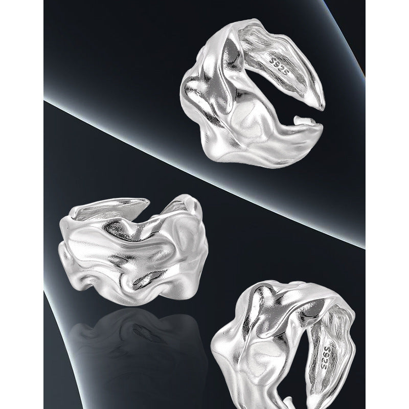 Pure Metal Irregular Wrinkled Textured Wide Band Open Adjustable Ring